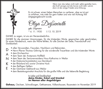 Traueranzeige von Olga Deißeroth von Südthüringer Presse
