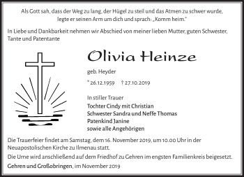 Traueranzeige von Olivia Heinze von Südthüringer Presse