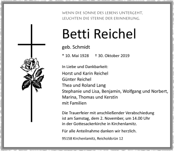 Traueranzeige von Betti Reichel von Frankenpost
