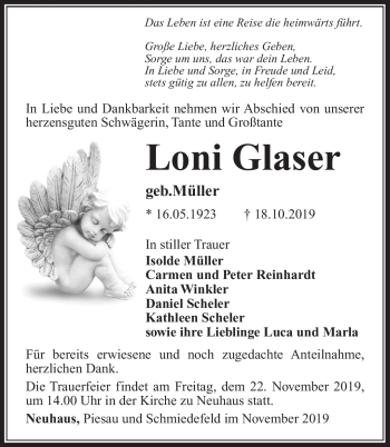 Traueranzeige von Loni Glaser von Südthüringer Presse