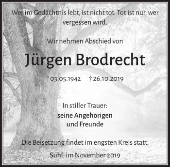 Traueranzeige von Jürgen Brodrecht von Südthüringer Presse