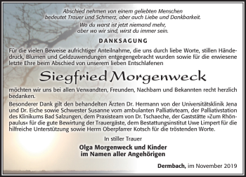 Traueranzeige von Siegfried Morgenweck von Südthüringer Presse
