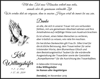 Traueranzeige von Karl Willingshöfer von Südthüringer Presse