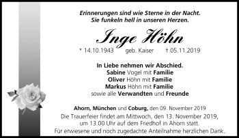 Traueranzeige von Inge Höhn von Neue Presse Coburg