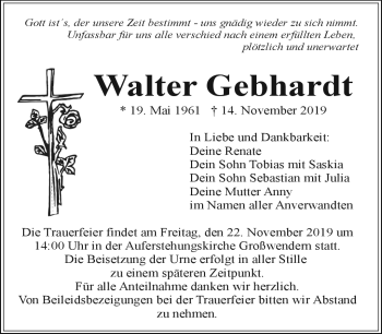 Traueranzeige von Walter Gebhardt von Frankenpost