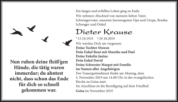 Traueranzeige von Dieter Krause von Südthüringer Presse