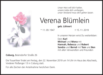 Traueranzeige von Verena Blümlein von Neue Presse Coburg