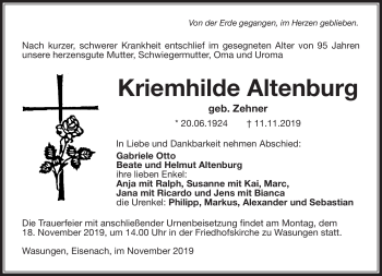 Traueranzeige von Kriemhilde Altenburg von Südthüringer Presse