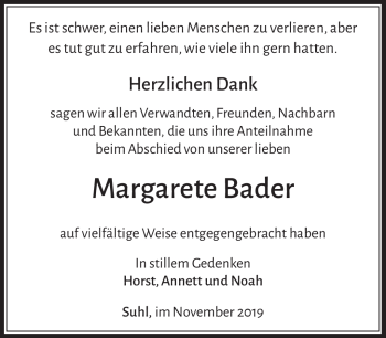 Traueranzeige von Margarete Bader von Südthüringer Presse