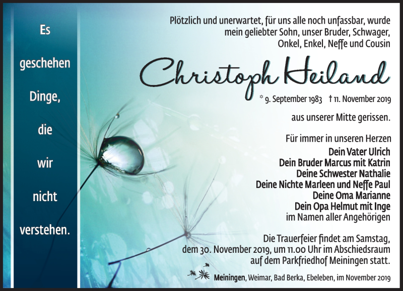  Traueranzeige für Christoph Heiland vom 23.11.2019 aus Südthüringer Presse