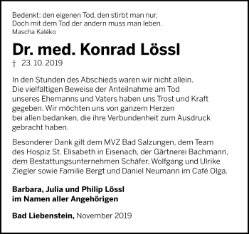 Traueranzeige von Konrad Lössl von Südthüringer Presse