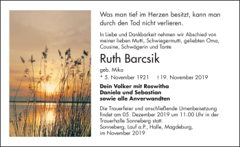 Traueranzeige von Ruth Barcsik von Südthüringer Presse