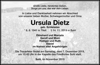Traueranzeige von Ursula Dietz von Südthüringer Presse
