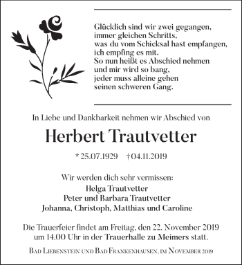 Traueranzeige von Herbert Trautvetter von Südthüringer Presse
