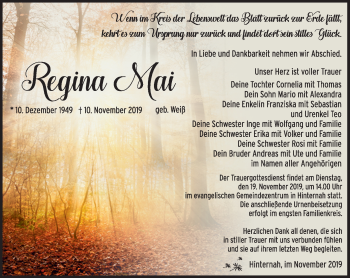 Traueranzeige von Regina Mai von Südthüringer Presse