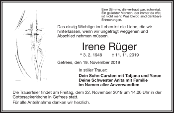 Traueranzeige von Irene Rüger von Frankenpost