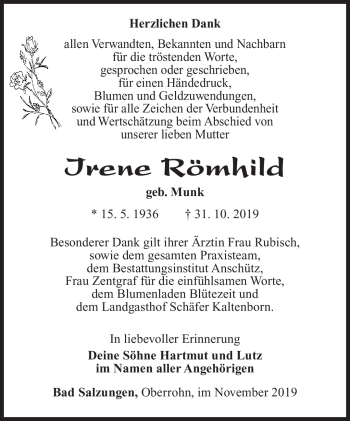 Traueranzeige von Irene Römhild von Südthüringer Presse