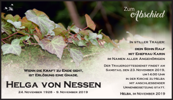 Traueranzeige von Helga von Nessen von Südthüringer Presse
