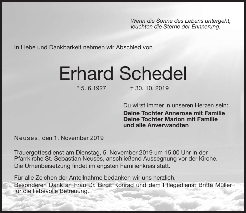  Traueranzeige für Erhard Schedel vom 01.11.2019 aus Neue Presse Coburg