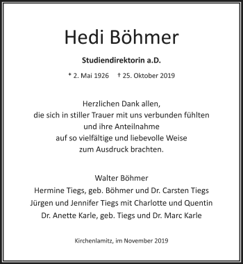 Traueranzeige von Hedi Böhmer von Frankenpost
