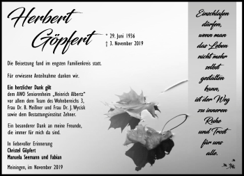Traueranzeige von Herbert Göpfert von Südthüringer Presse