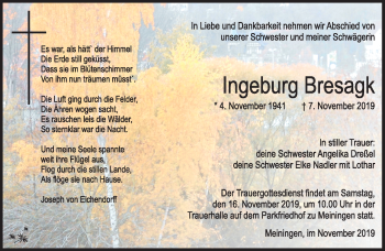 Traueranzeige von Ingeburg Bresagk von Südthüringer Presse