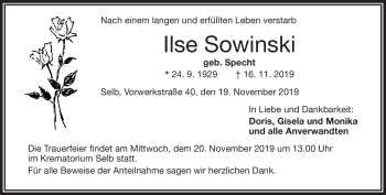 Traueranzeige von Ilse Sowinski von Frankenpost