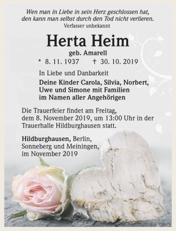 Traueranzeige von Herta Heim von Südthüringer Presse