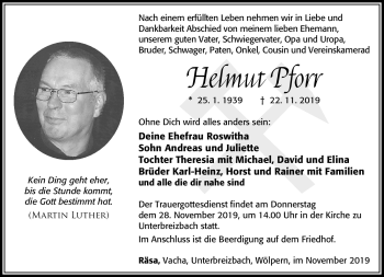 Traueranzeige von Helmut Pforr von Südthüringer Presse