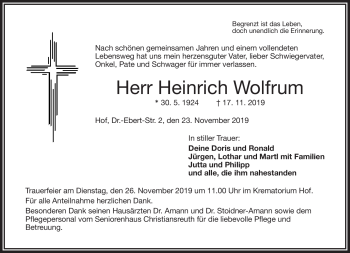 Traueranzeige von Heinrich Wolfrum von Frankenpost