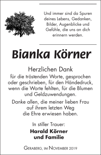 Traueranzeige von Bianka Körner von Südthüringer Presse