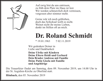 Traueranzeige von Roland Schmidt von Südthüringer Presse
