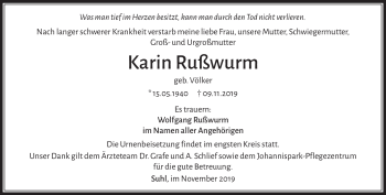 Traueranzeige von Karin Rußwurm von Südthüringer Presse