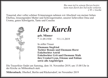 Traueranzeige von Ilse Kurch von Südthüringer Presse