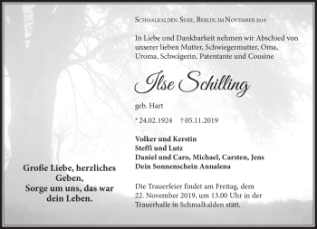 Traueranzeige von Ilse Schilling von Südthüringer Presse
