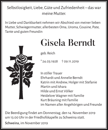 Traueranzeige von Gisela Berndt von Südthüringer Presse