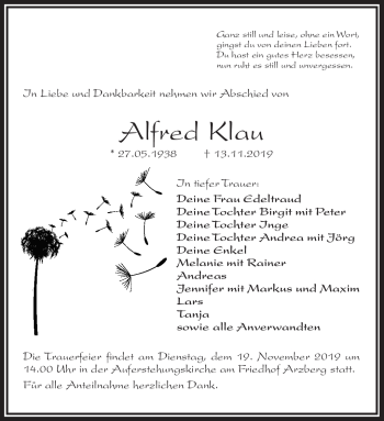 Traueranzeige von Alfred Klau von Frankenpost