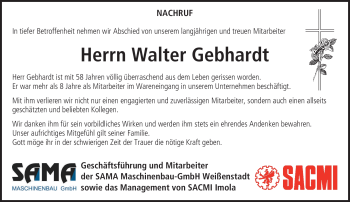 Traueranzeige von Walter Gebhardt von Frankenpost