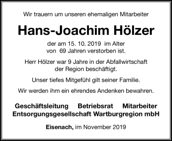 Traueranzeige von Hans-Joachim Hölzer von Südthüringer Presse