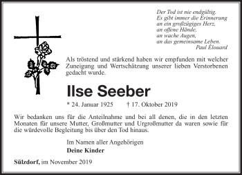 Traueranzeige von Ilse Seeber von Südthüringer Presse