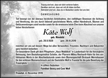 Traueranzeige von Käte Wolf von Südthüringer Presse