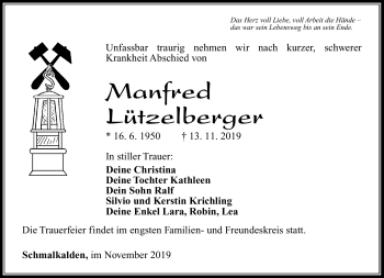 Traueranzeige von Manfred Lützelberger von Südthüringer Presse
