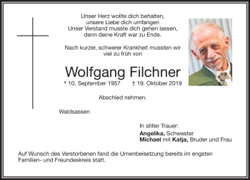 Traueranzeige von Wolfgang Filchner von Frankenpost