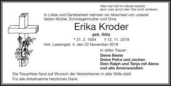 Traueranzeige von Erika Kroder von Frankenpost