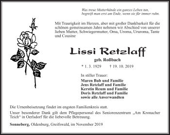 Traueranzeige von Lissi Retzlaff von Südthüringer Presse