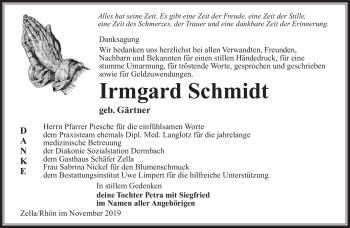 Traueranzeige von Irmgard Schmidt von Südthüringer Presse