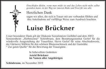 Traueranzeige von Luise Brückner von Südthüringer Presse