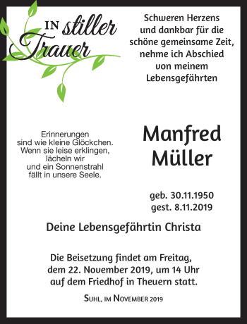 Traueranzeige von Manfred Müller von Südthüringer Presse