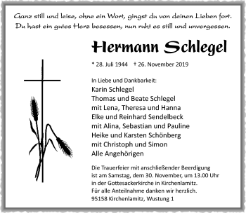 Traueranzeige von Hermann Schlegel von Frankenpost