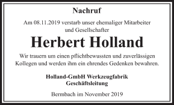 Traueranzeige von Herbert Holland von Südthüringer Presse